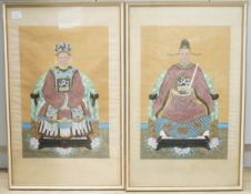 A pair of Chinese School watercolours on silk, Ancestral portraits, 60 x 39cm