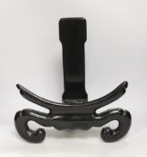 A large Chinese ebonised hardwood dish stand, 40cm tall x 38cm wide