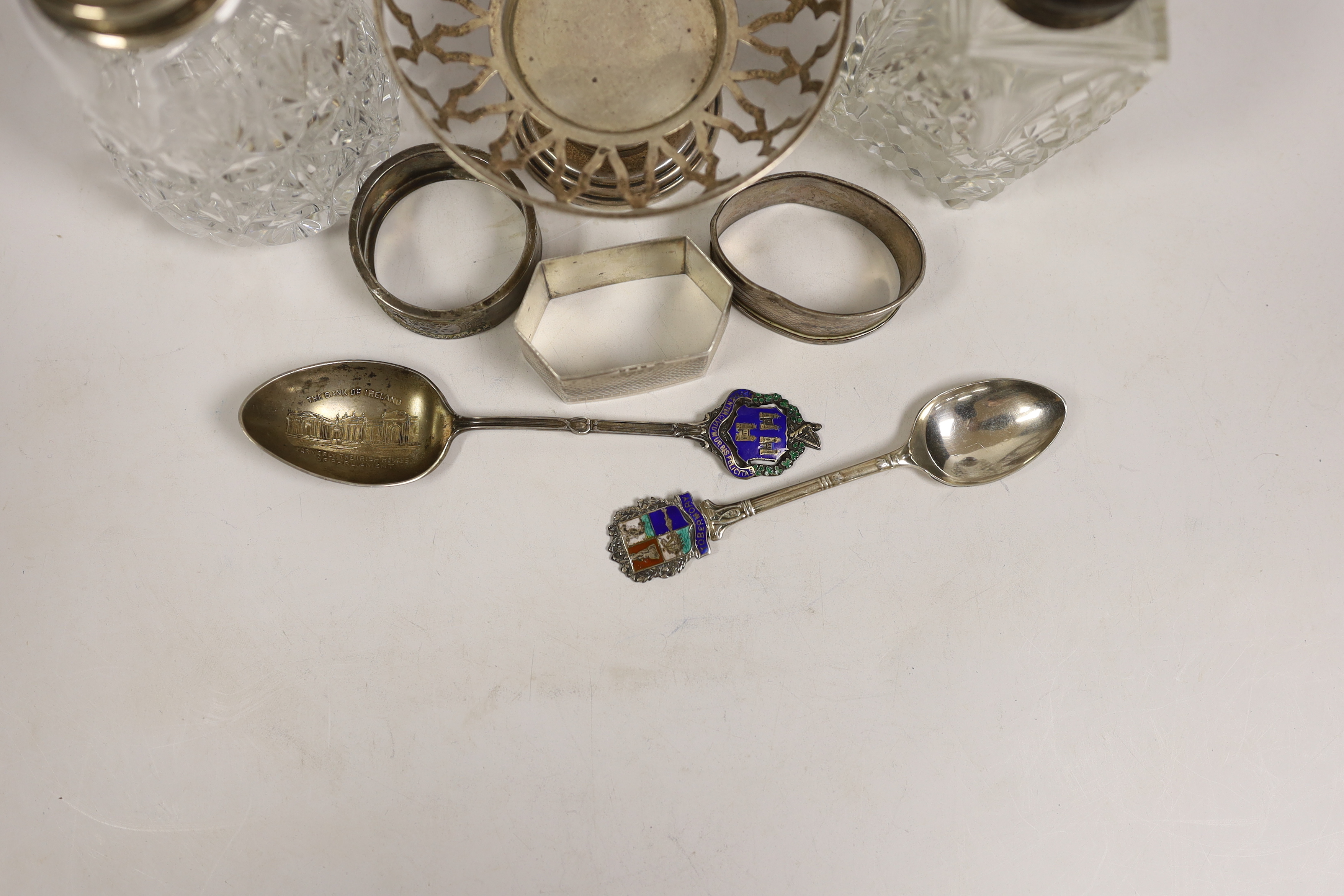 A group of small silver including two mounted glass sugar sifters, three assorted napkin rings, - Image 3 of 4