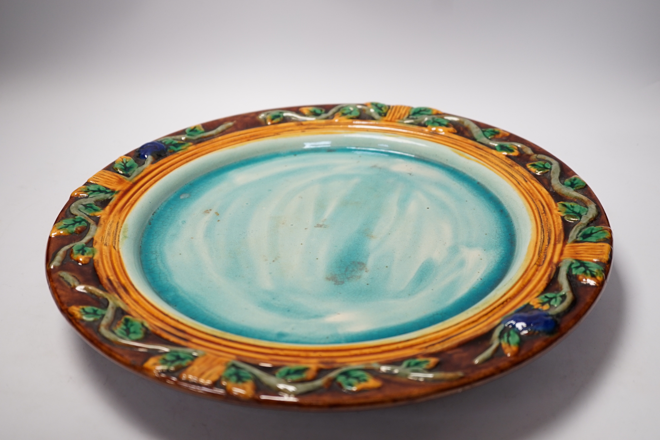 A Minton style Majolica cheese dish and cover decorated in relief, restored handle, 35cm - Image 4 of 7