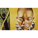 Vanessa Gaye (South African, 20th. C), oil on canvas, Stylised portrait of an African woman, signed,