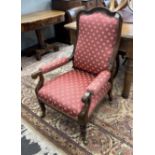 A Victorian mahogany framed armchair, width 61cm, depth 62cm, height 94cm