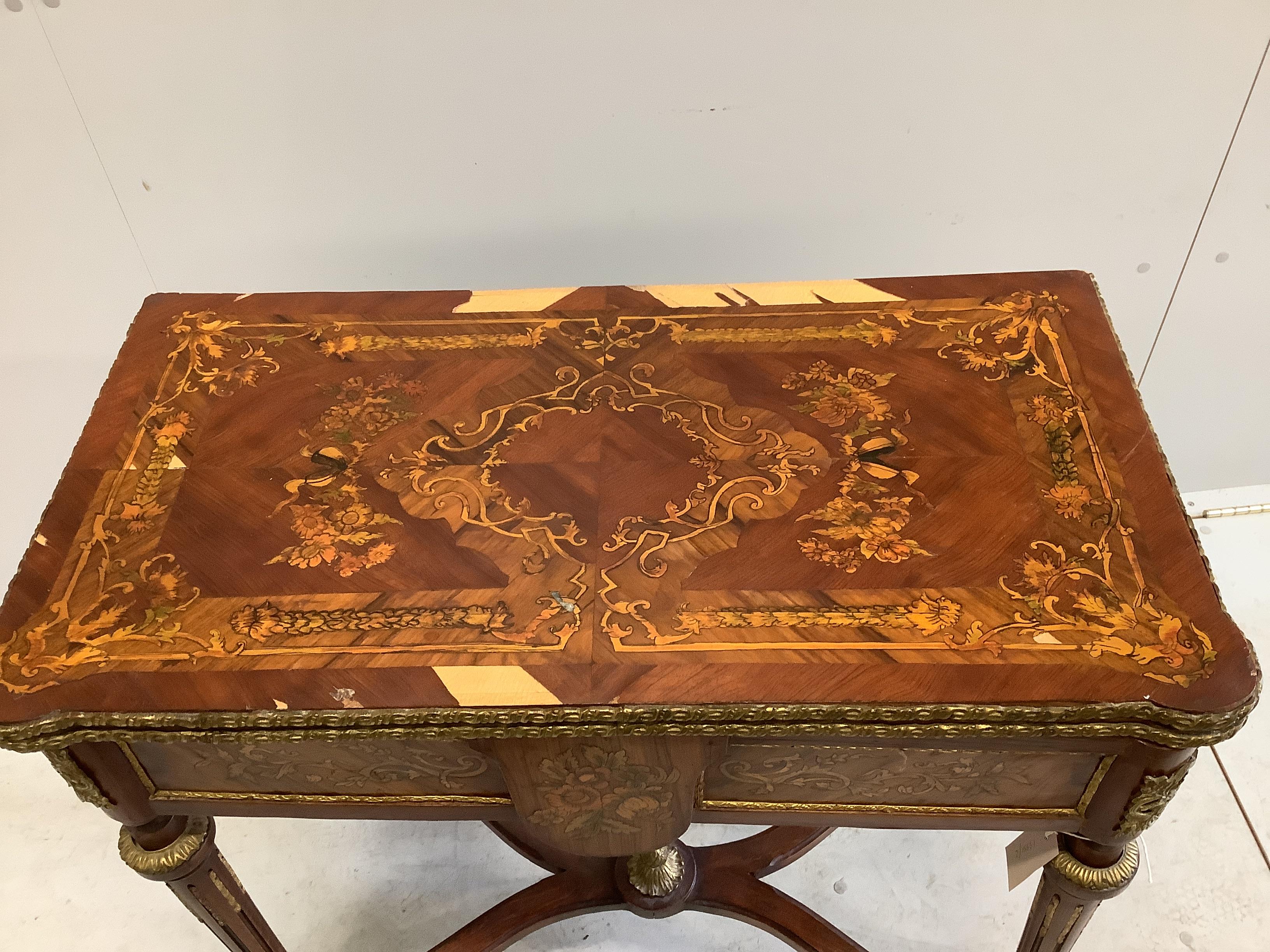 A Louis XVI style gilt metal mounted and marquetry inlaid folding card table, width 77cm, depth - Image 2 of 4