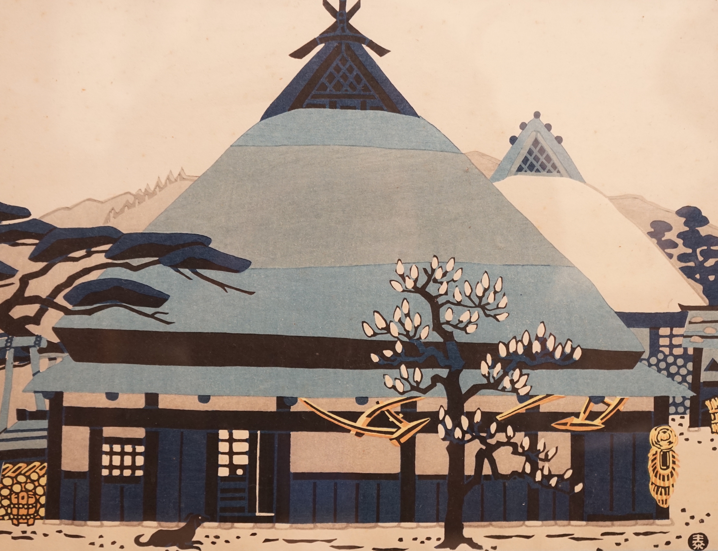 Taizo Minagawa (1917-1975) Japanese woodblock print, ‘Dog and farmhouse in winter’, 25 x 33cm