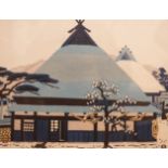 Taizo Minagawa (1917-1975) Japanese woodblock print, ‘Dog and farmhouse in winter’, 25 x 33cm