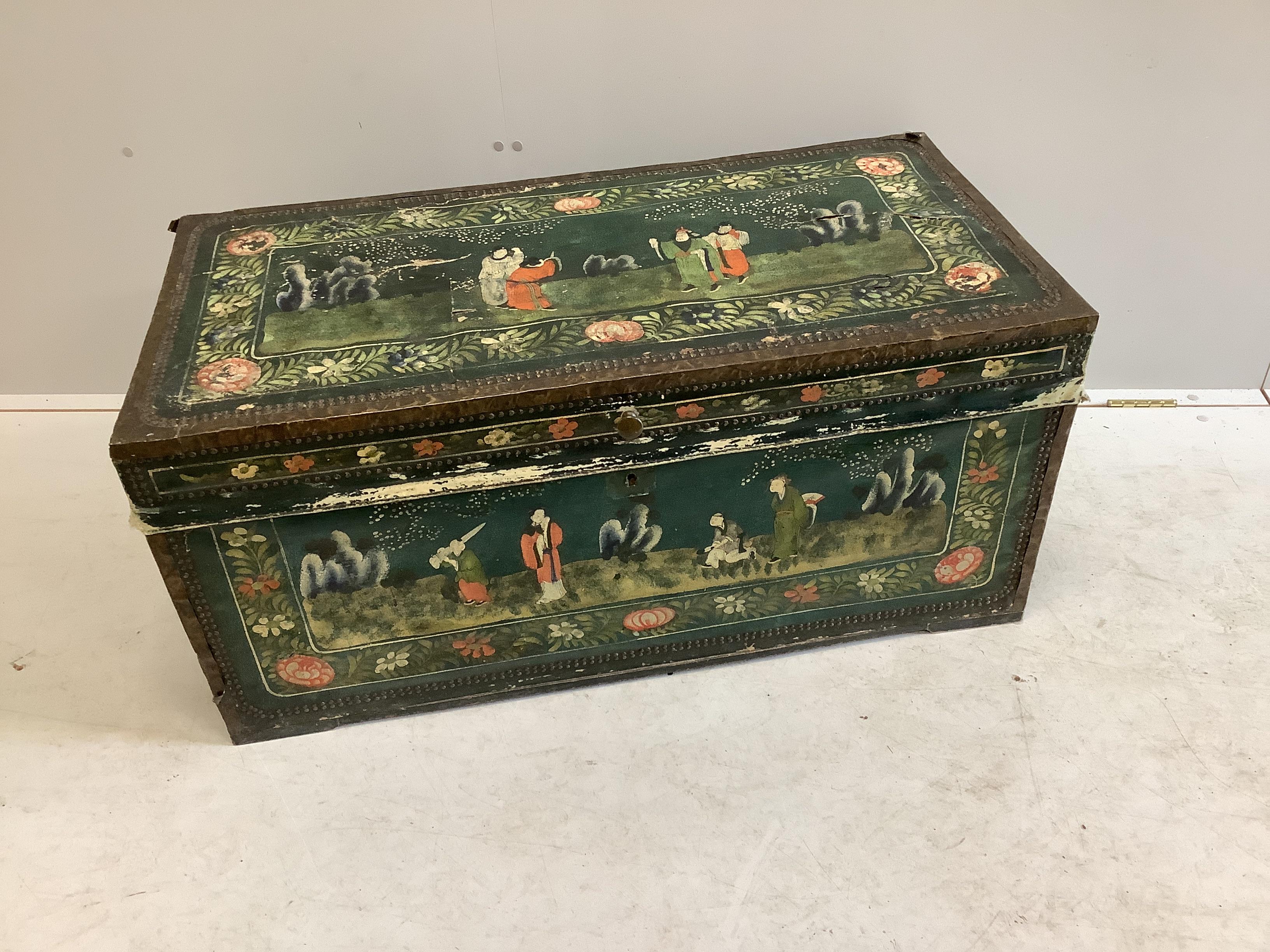 A Japanese rectangular brass and leather mounted camphorwood trunk painted with figures in