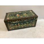 A Japanese rectangular brass and leather mounted camphorwood trunk painted with figures in