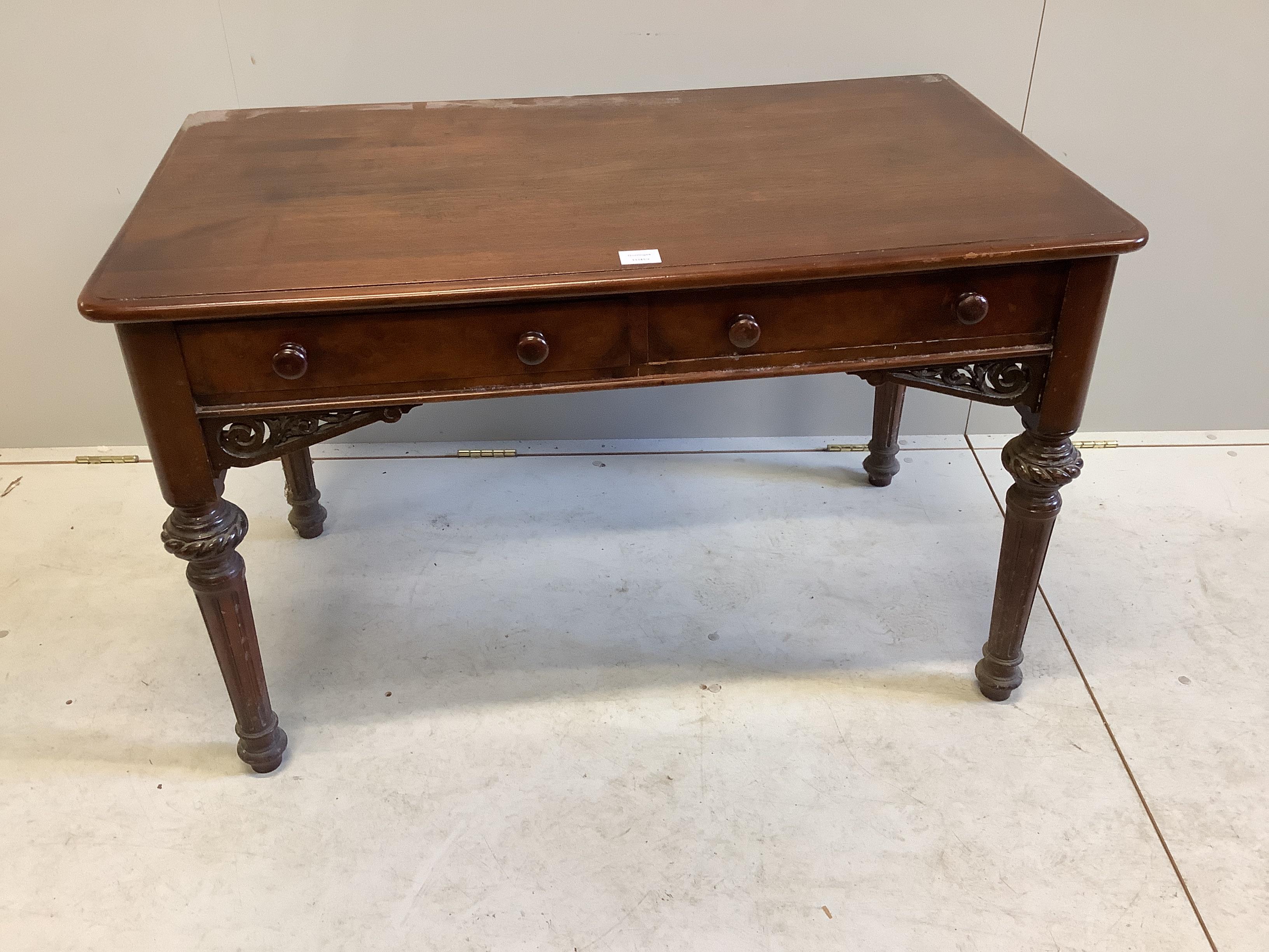 A Victorian mahogany two drawer side table, stamped Beal & Son, London, width 107cm, depth 60cm,