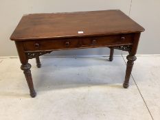 A Victorian mahogany two drawer side table, stamped Beal & Son, London, width 107cm, depth 60cm,