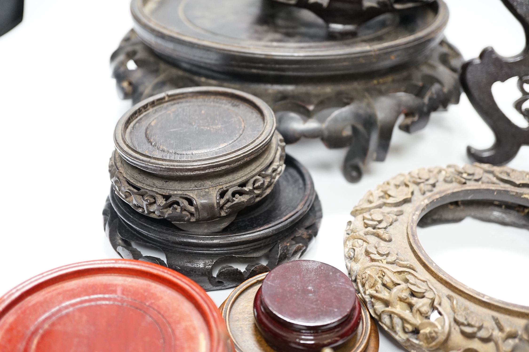 Assorted Chinese wooden and metal stands, largest 25cm in diameter - Image 7 of 7