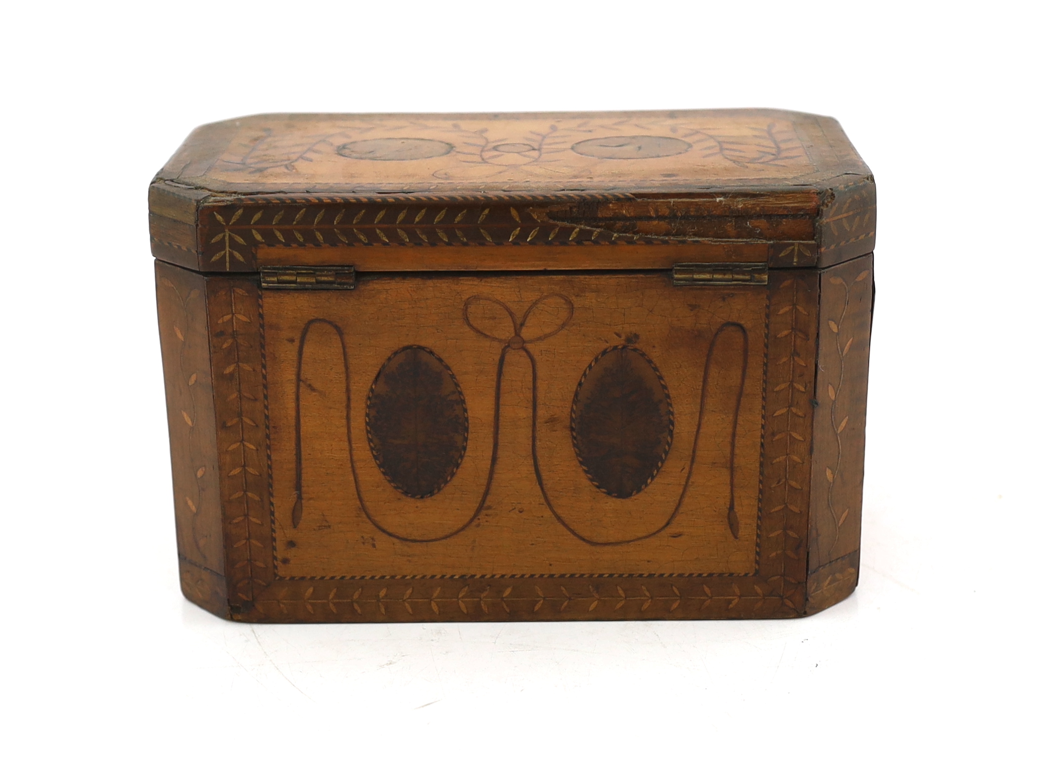 A George III Sheraton period marquetry inlaid sycamore tea caddy of octagonal form with foliate swag - Image 4 of 5