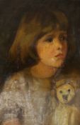English School c.1900, oil on canvas laid on card, Portrait of a girl with her teddy bear, 37 x