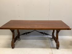 A Spanish walnut and fruitwood rectangular table, width 200cm, depth 84cm, height 77cm together with