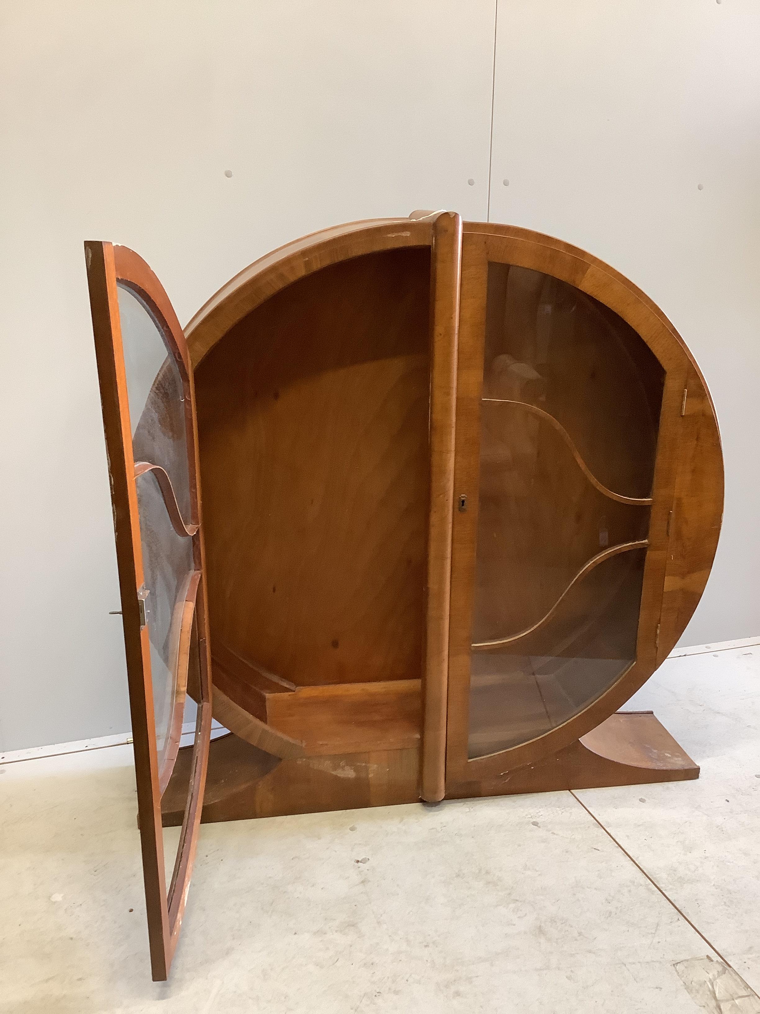 An Art Deco circular walnut veneered display cabinet, width 126cm, depth 30cm, height 125cm - Image 2 of 3