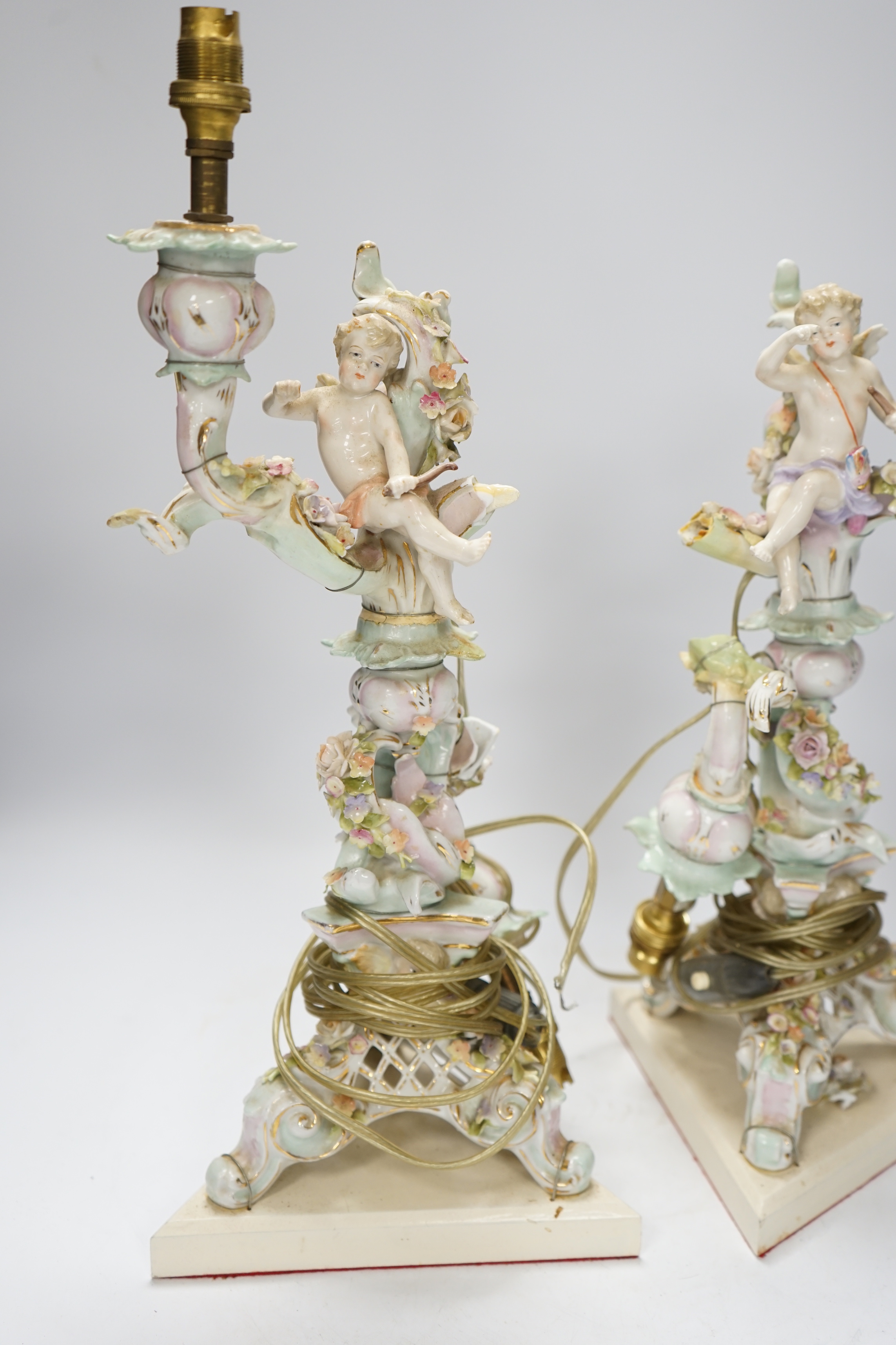 A pair of Sitzendorf floral encrusted porcelain table lamps, 42cm total - Image 2 of 5