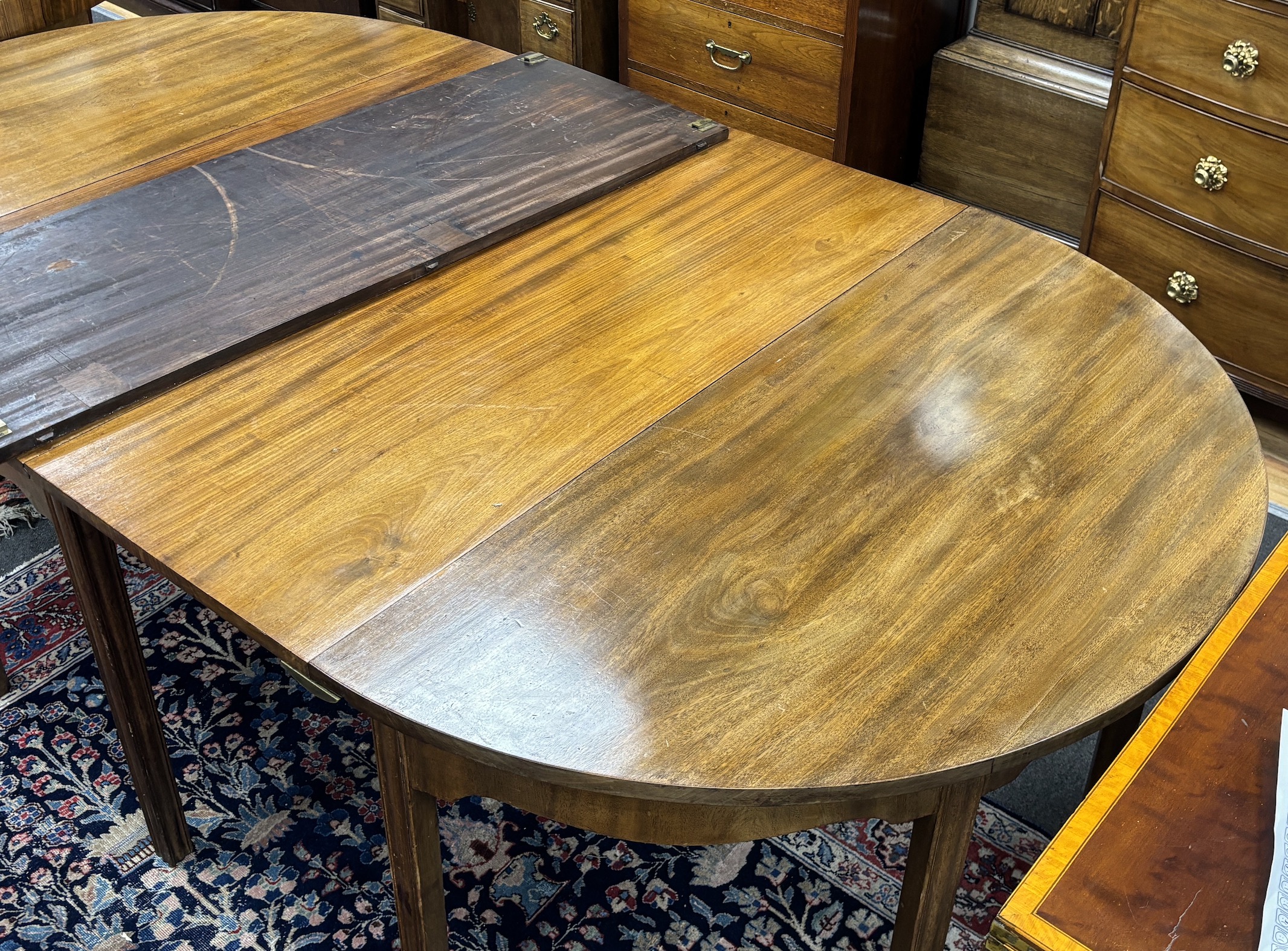 A George III mahogany D end extending dining table, 264cm extended, three spare leaves, width 121cm, - Image 2 of 4