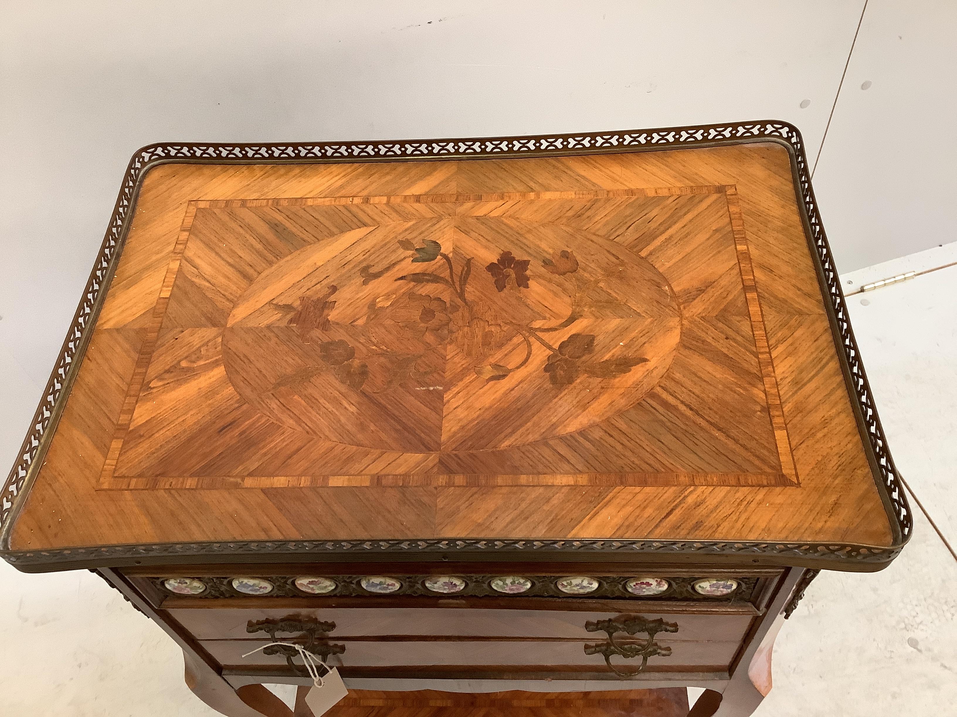 A Louis XVI style porcelain and gilt metal mounted inlaid kingwood two drawer chest, width 56cm, - Image 2 of 2