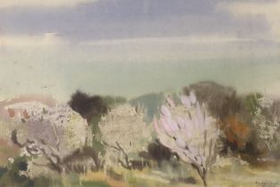 Lajos Dobos (Hungarian, 1921-2012), watercolour, 'Blossoms at Balaston', signed and inscribed verso,