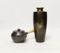 A Japanese bronze vase and a metal teapot and cover, Meiji (2)