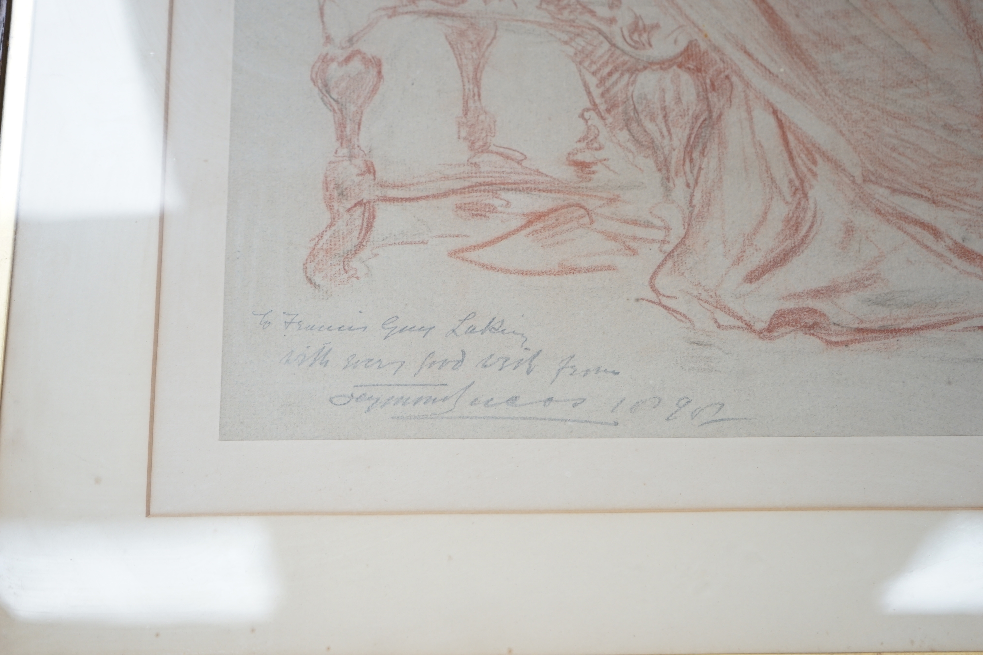 John Seymour Lucas (1849-1923), heightened sanguine chalk, Study of a seated lady, inscribed and - Image 3 of 3