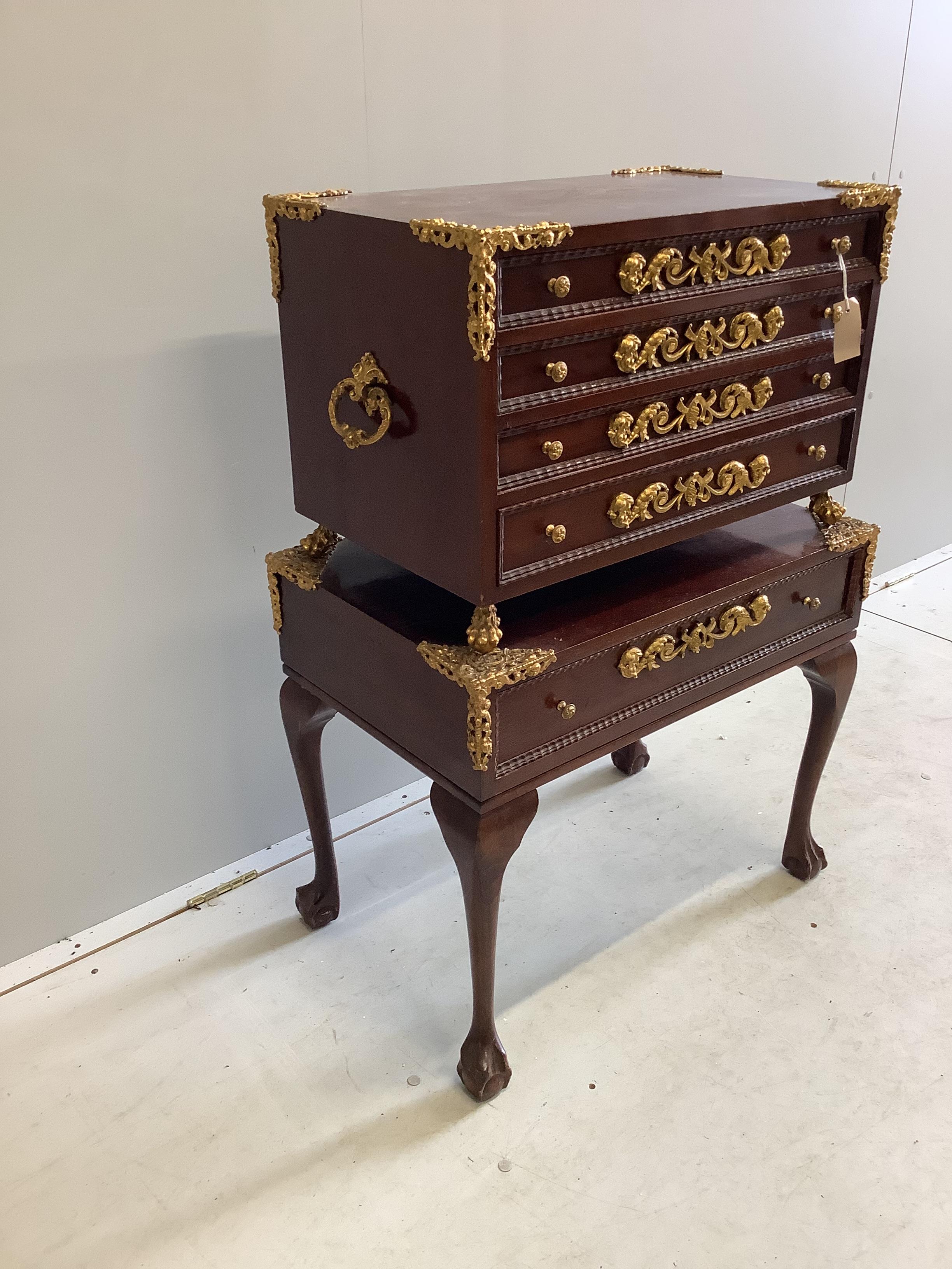 A Continental gilt metal mounted mahogany and beech canteen chest on stand, width 66cm, depth - Image 2 of 2