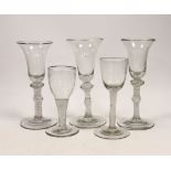 Five 19th century Dutch DSOT stem soda wine glasses, largest 17cm high