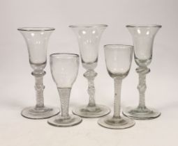 Five 19th century Dutch DSOT stem soda wine glasses, largest 17cm high