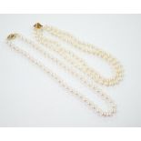 Two single strand cultured pearl necklaces, choker with 750 and diamond chip set clasp, 42cm, the