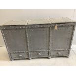 A painted faux iron studded triple hinged top trunk, width 144cm, depth 41cm, height 92cm