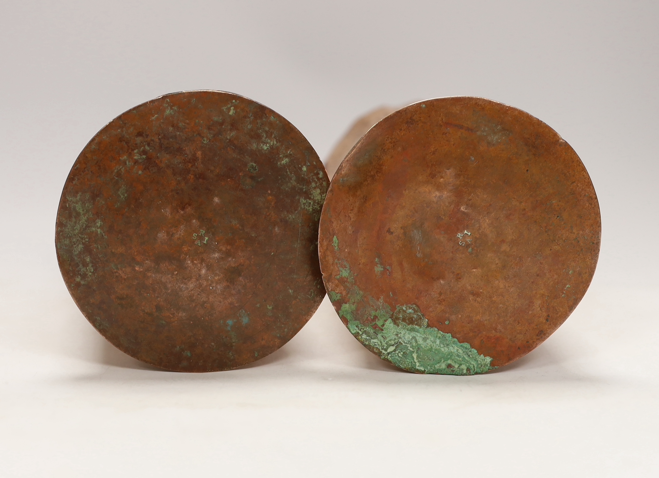 A pair of Keswick School of industrial art embossed copper cylinder vases, stamped KSIA to the - Image 3 of 3
