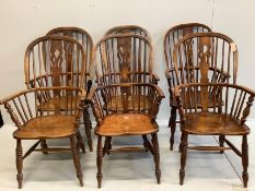 A set of six 19th century ash and elm Windsor armchairs with H stretchers and later leatherette