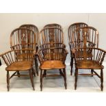 A set of six 19th century ash and elm Windsor armchairs with H stretchers and later leatherette