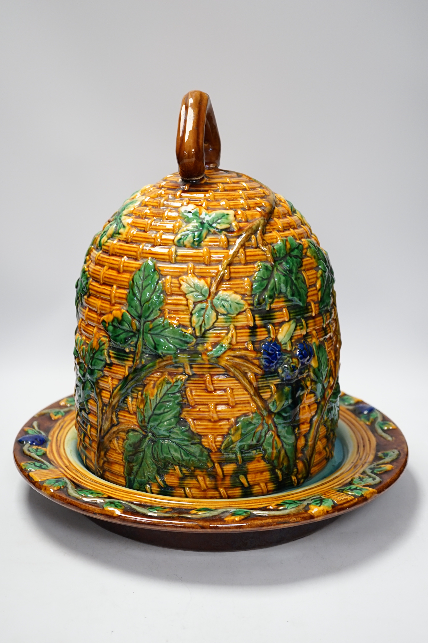 A Minton style Majolica cheese dish and cover decorated in relief, restored handle, 35cm - Image 2 of 7