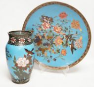 Two pieces of Japanese cloisonné enamel, comprising charger and vase, largest 36cm in diameter