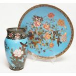 Two pieces of Japanese cloisonné enamel, comprising charger and vase, largest 36cm in diameter