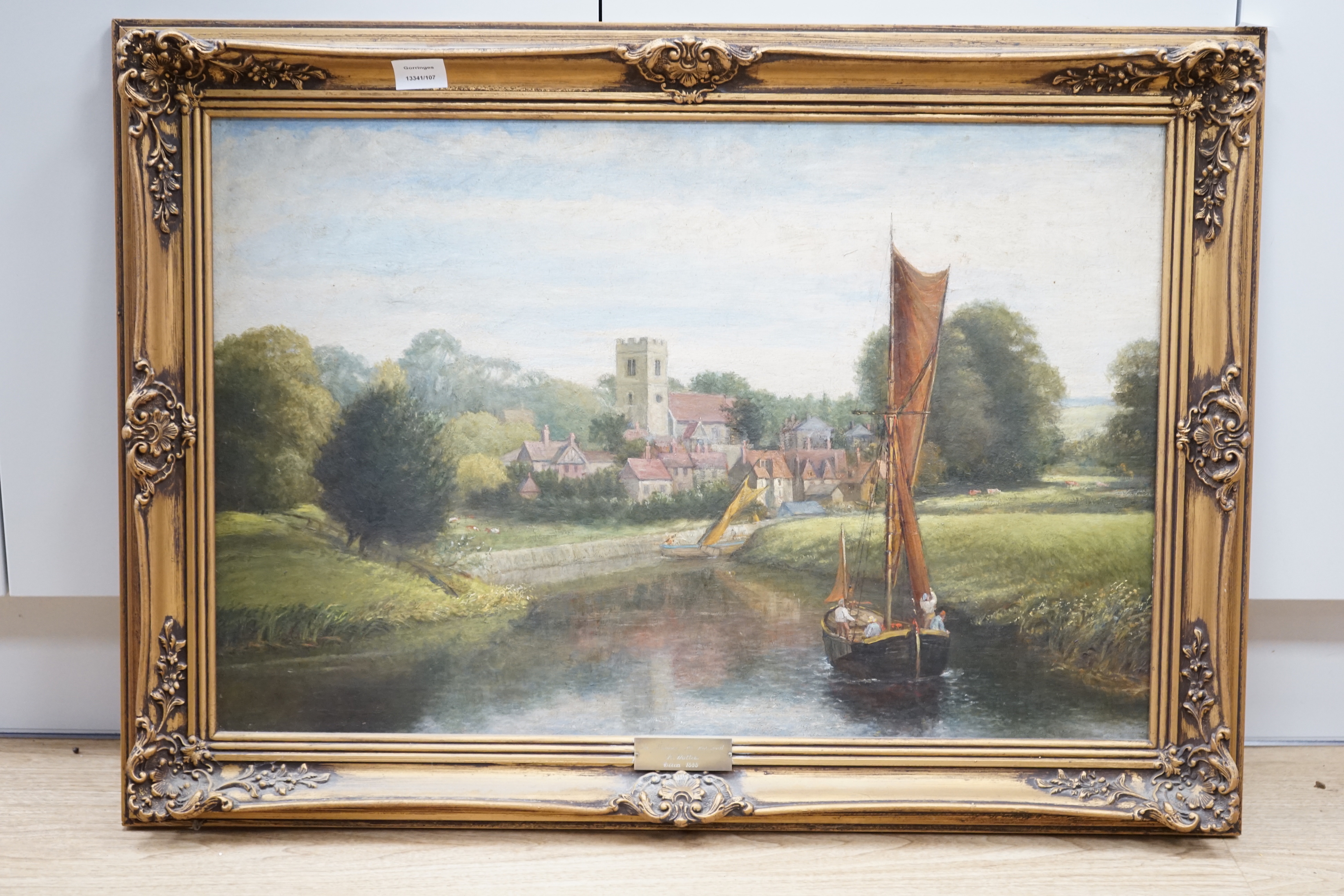 L. Walters, oil on canvas, The Medway at Aylesford, unsigned, applied plaque to the frame, 49 x - Image 2 of 3
