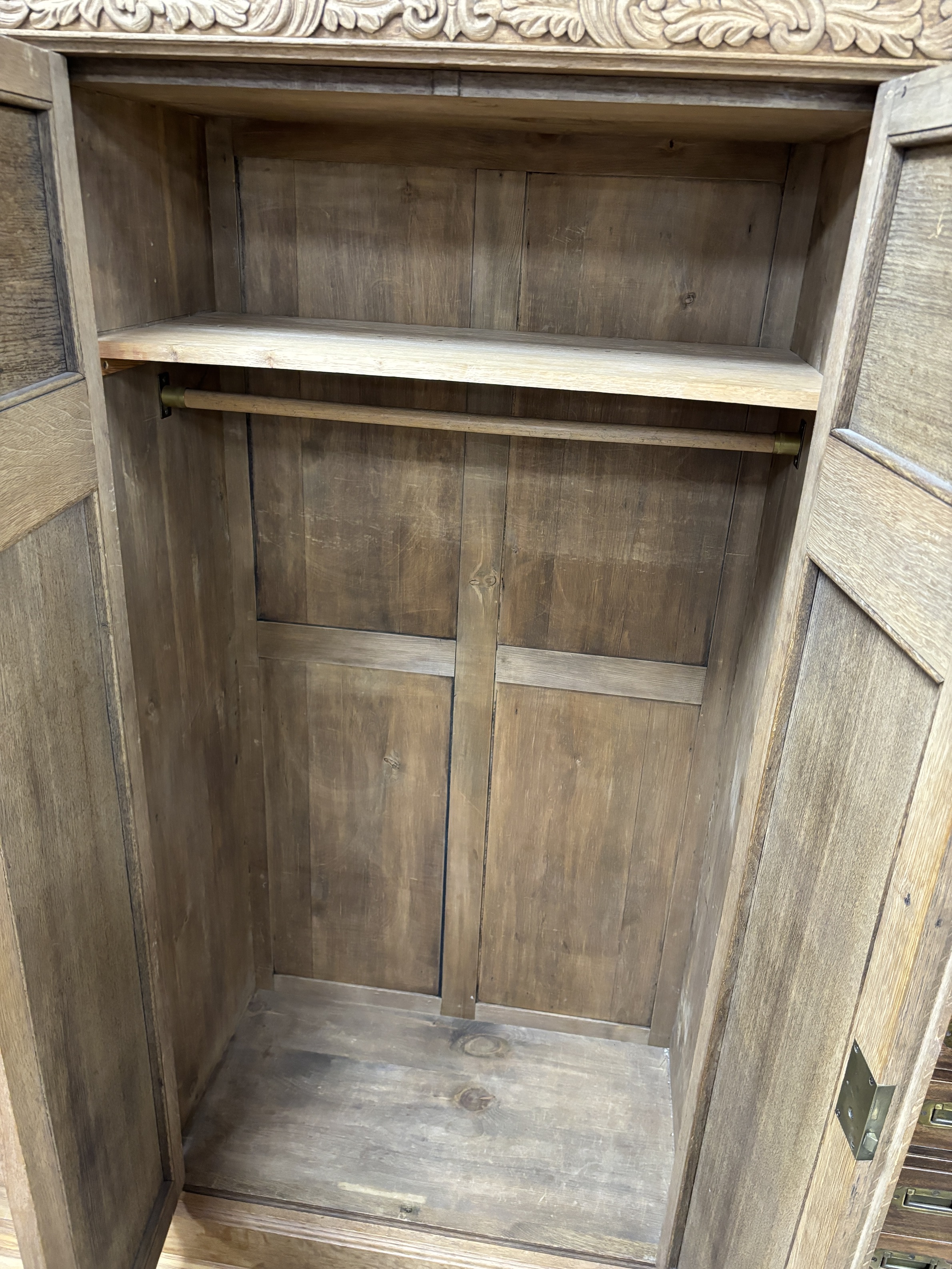 A late Victorian carved bleached oak wardrobe, width 103cm, depth 53cm, height 191cm - Image 2 of 2