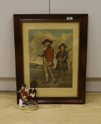 A Staffordshire pottery group of golfers, with related colour mezzotint, after Lemuel Francis Abbott