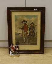 A Staffordshire pottery group of golfers, with related colour mezzotint, after Lemuel Francis Abbott