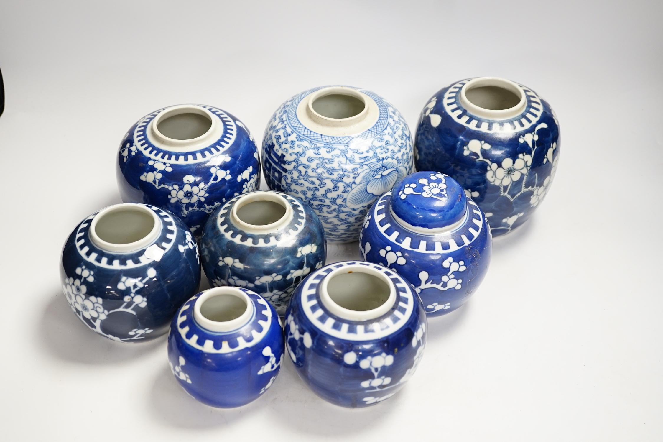 A Chinese blue and white 'shuangxi' jar, and seven blue and white 'prunus' jars and one cover, - Image 2 of 5