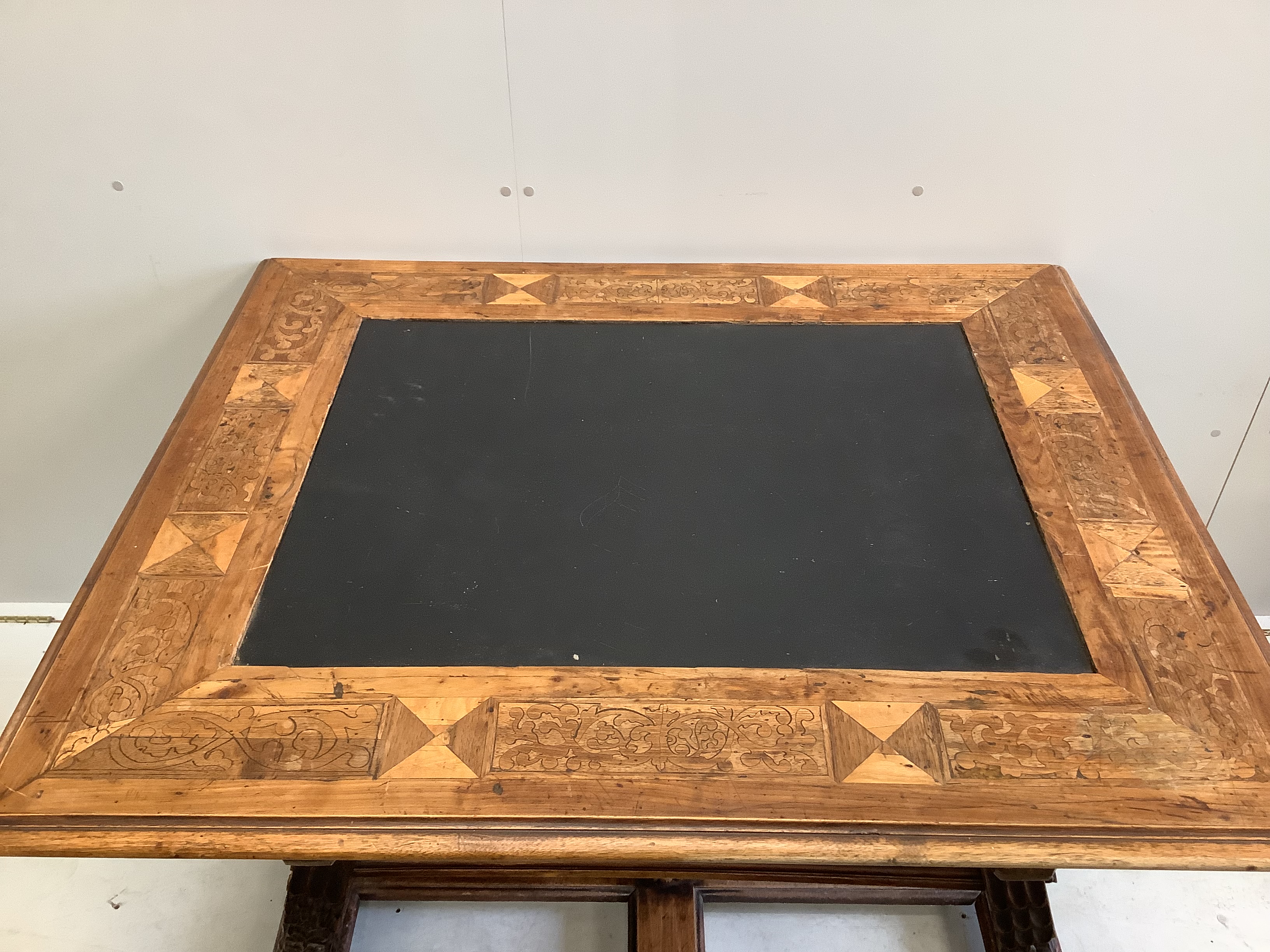 An Italian marquetry inlaid rectangular walnut slate top centre table, width 123cm, depth 104cm, - Image 2 of 3