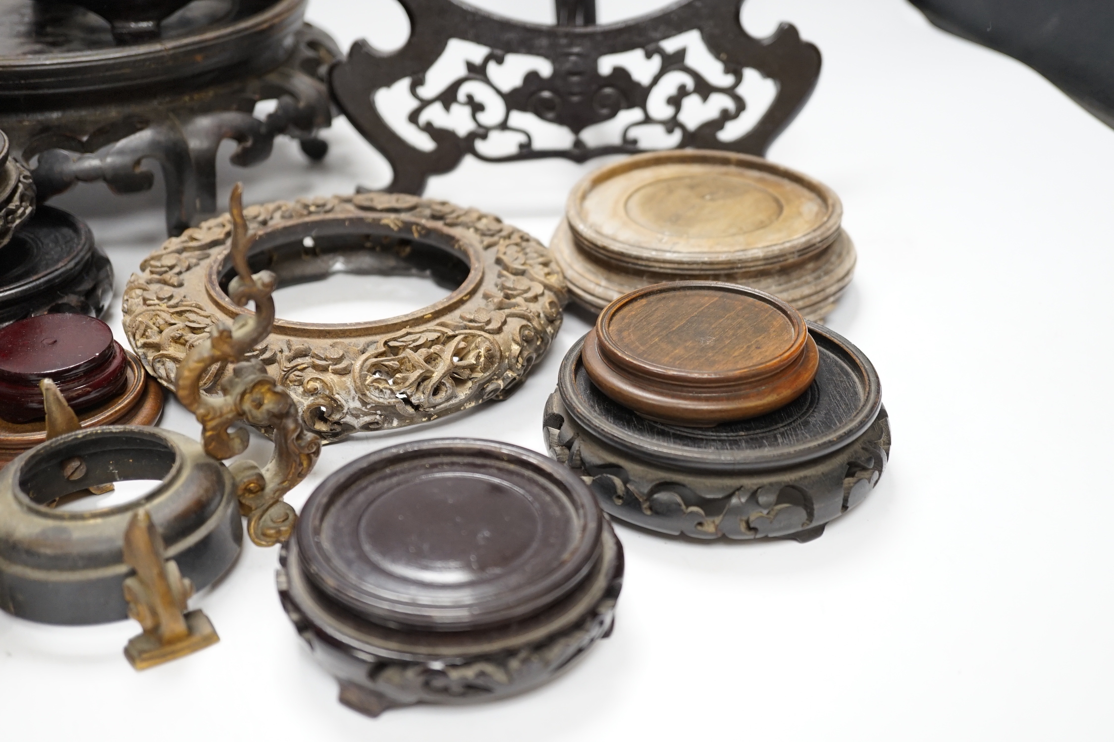 Assorted Chinese wooden and metal stands, largest 25cm in diameter - Image 3 of 7