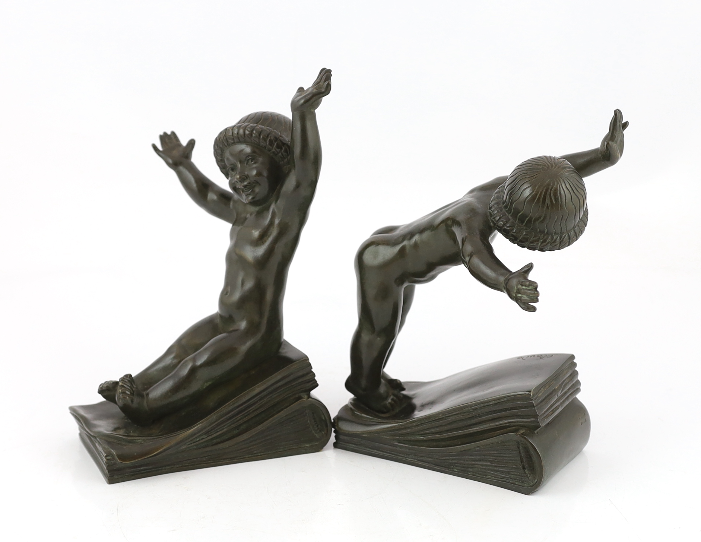 Claude (Claude-Marie Devenet 1851-1931), a pair of French Art Deco bronze bookends, Marcel - Image 2 of 3