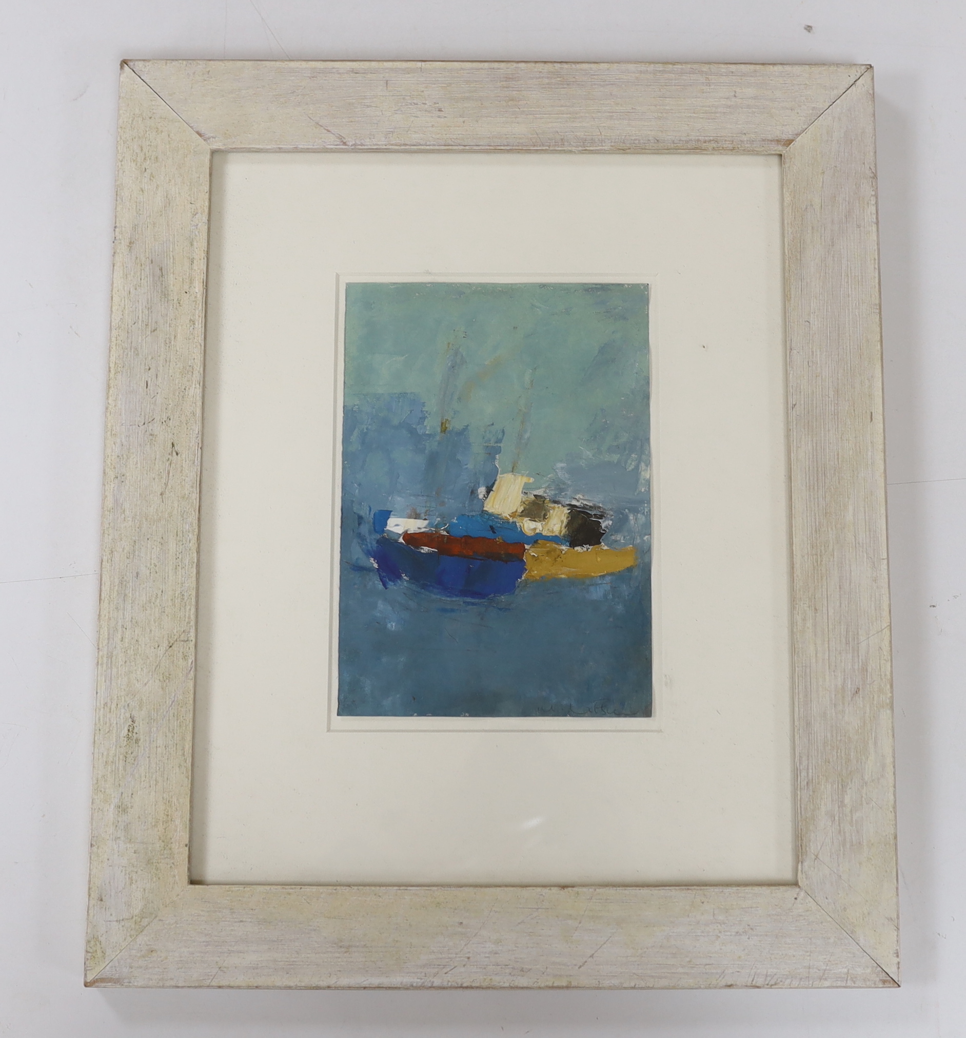 Morris Nitsun (b.1943) oil on paper, abstract composition with boats, signed, details verso, 21 x - Image 2 of 3