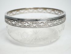 A white metal mounted etched glass bowl, 18cm