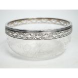 A white metal mounted etched glass bowl, 18cm