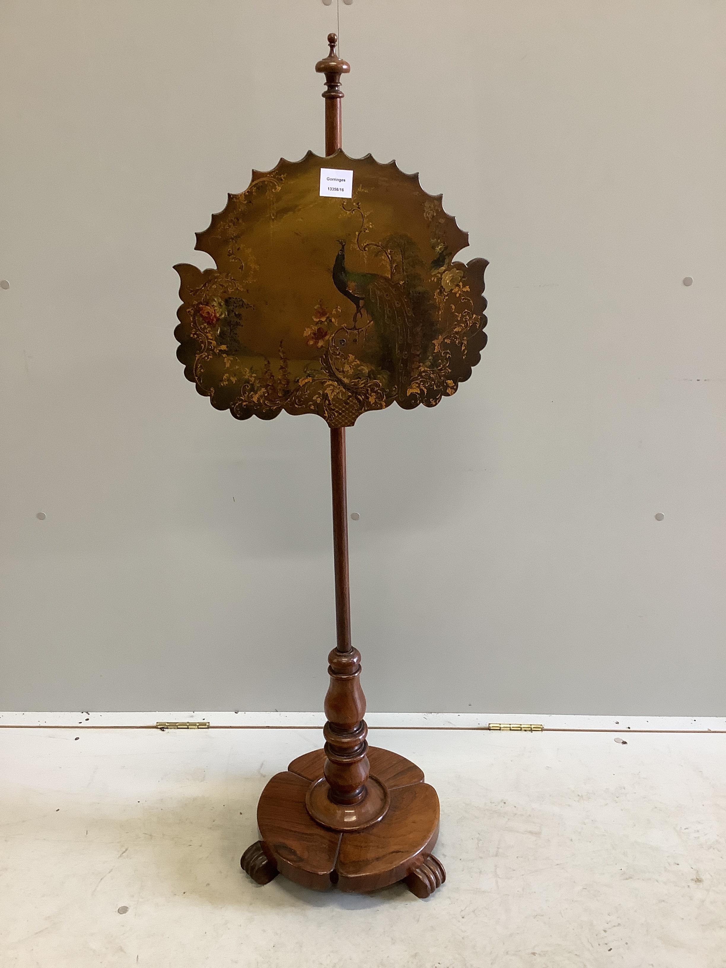 An early Victorian papier mache and rosewood polescreen, height 125cm