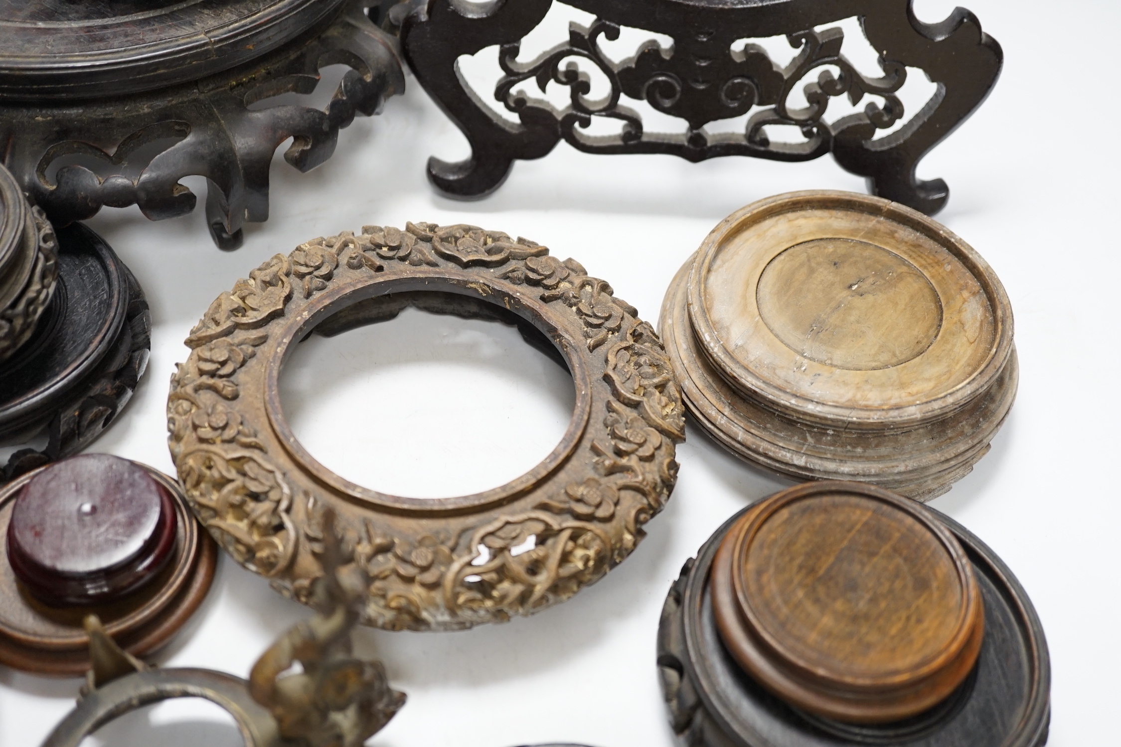 Assorted Chinese wooden and metal stands, largest 25cm in diameter - Image 4 of 7