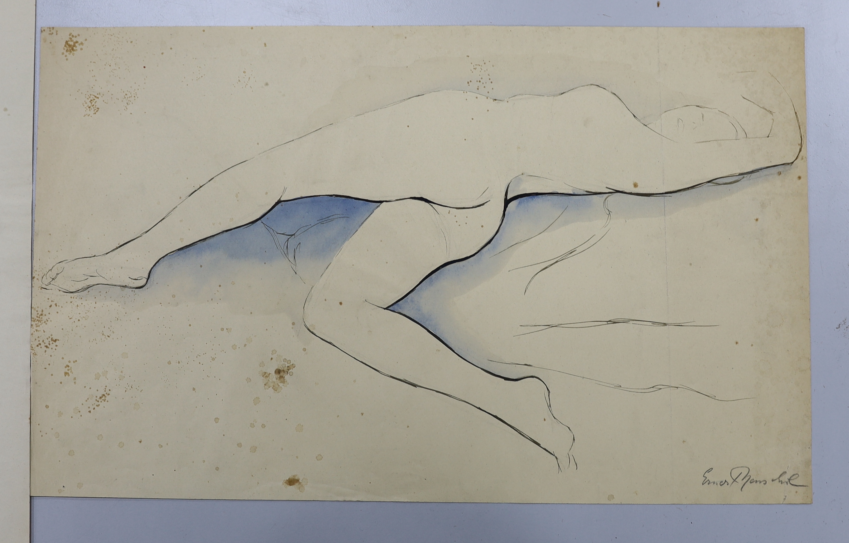 Two mid 20th century ink and washes on paper, figural sketches, nude study and portrait of a lady, - Image 3 of 3