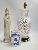 Chinese ceramics comprising blue and white brush washer, a blanc de chine pierced table lamp and